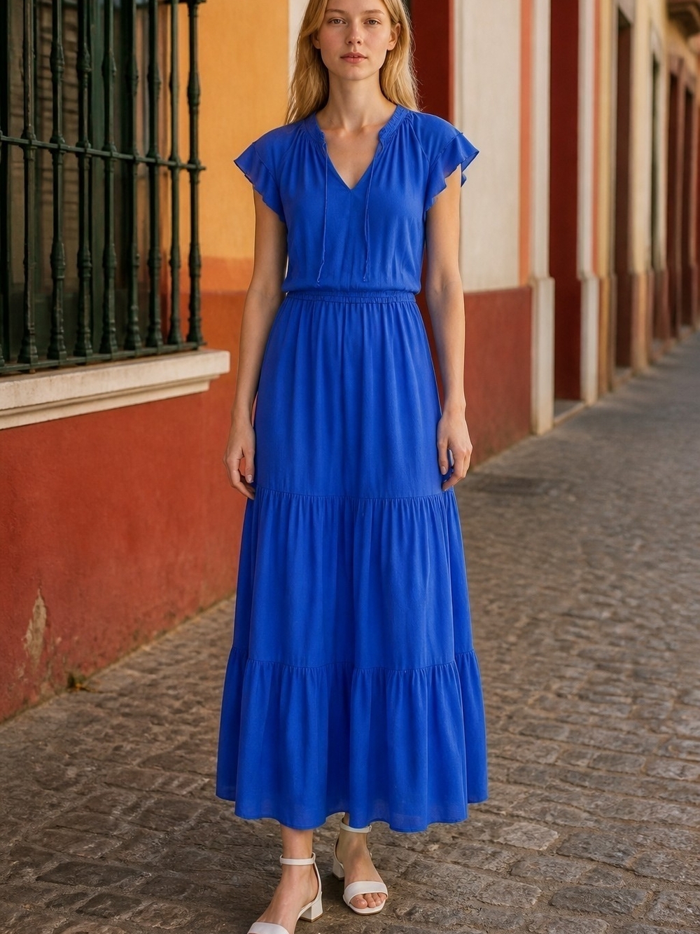 Old Navy Waist-Defined Ruffle-Sleeve Crepe Maxi